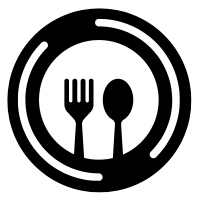 logo depicting catering services with a knife and fork graphic inside a circle