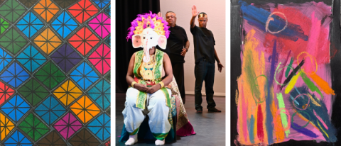 three pictures depicting art at Share, two close up abstract colourful works, in the middle an image of a performance with a lady dressed as Ganesh and two actors dressed in black standing behind her.