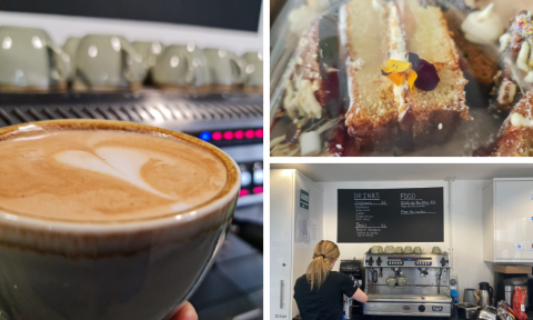 Close up of a coffee, cake and a lady operating a coffee machine