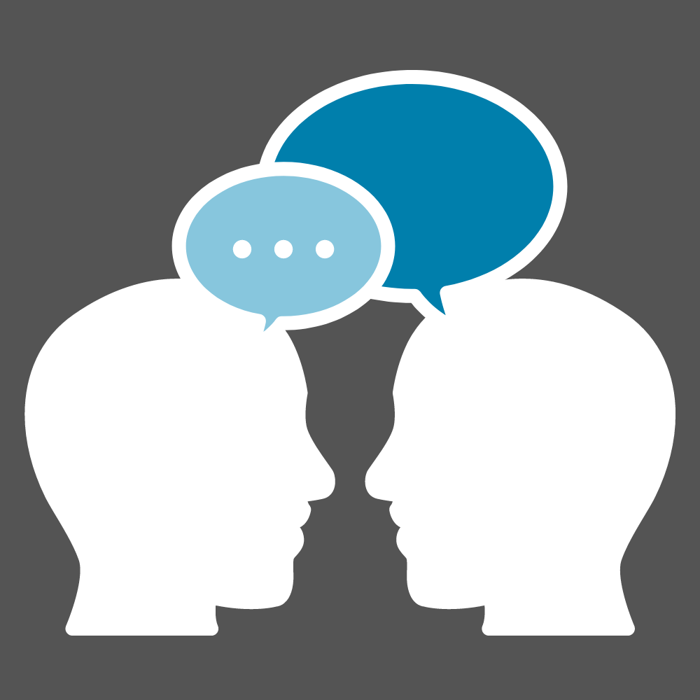 Graphic of two heads with speech and thought bubbles above 